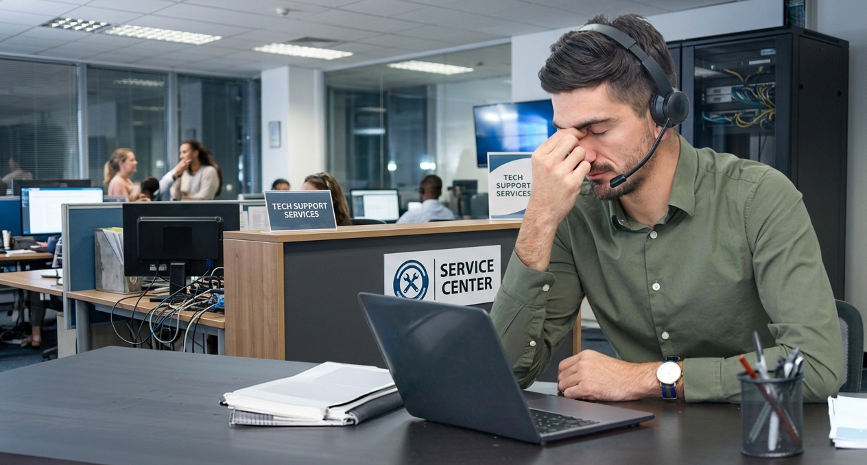 Stressed support agent with a headset at a busy service centre desk