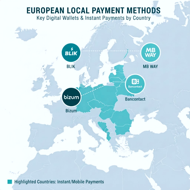 Map of European local payment methods: BLIK, Bizum, Bancontact and MB Way