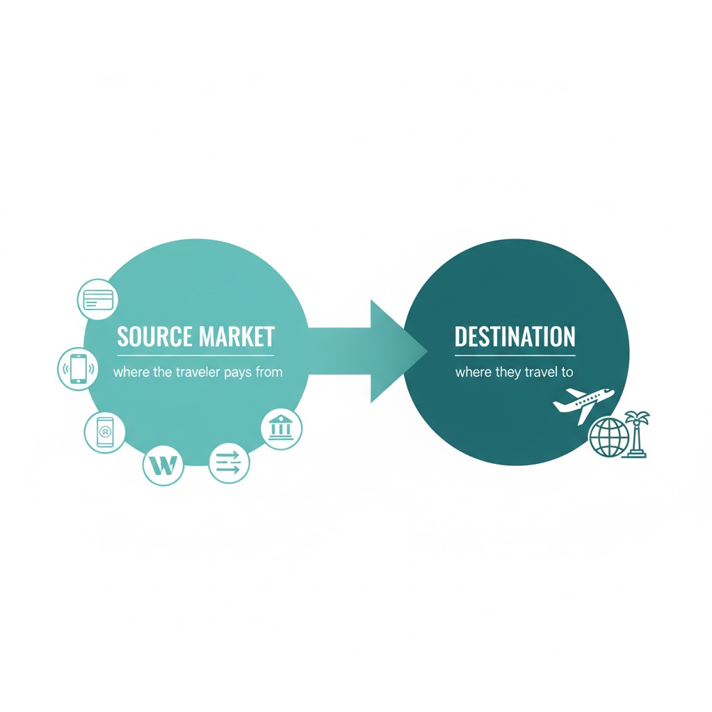 Diagram comparing the source market, where the traveller pays from, with the destination they travel to